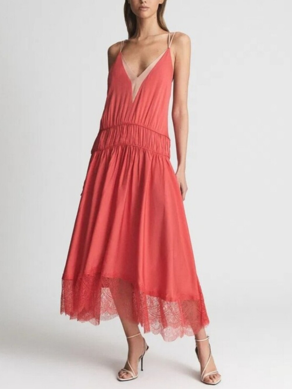 ​REISS Henley Romantic Lace Cami Midi Dress in Coral Red EU38/US 6 - Picture 15 of 15